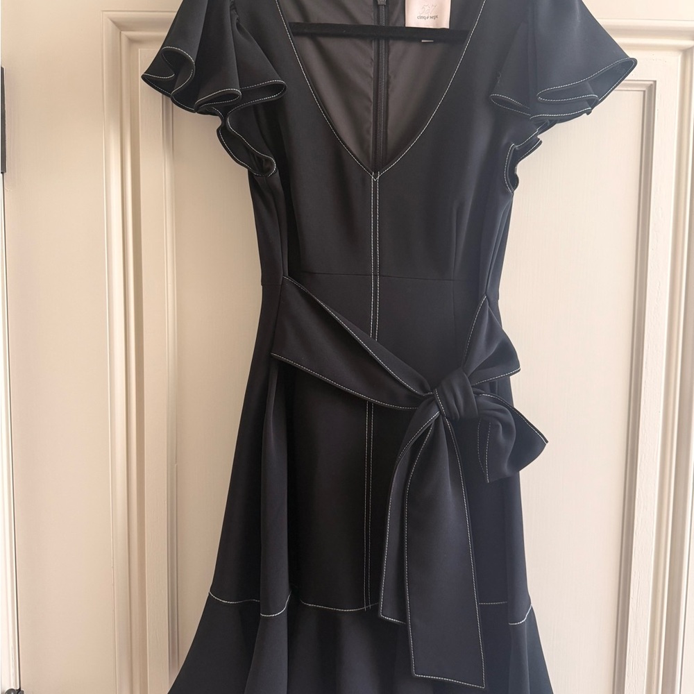 Cinq à Sept Black Asymmetrical Dress with Ruffle Sleeves
